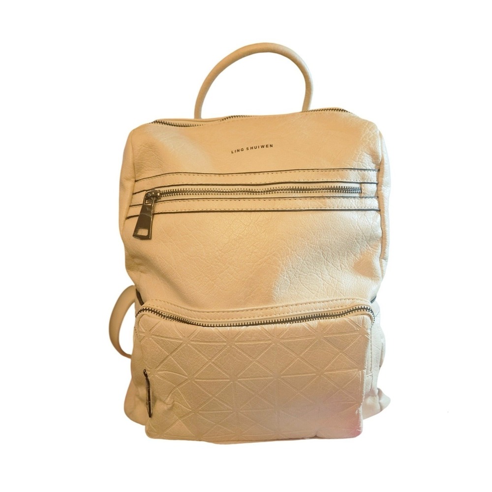 Ling Shuiwen Cream Faux Leather Quilted Multi Pocket Backpack Laptop Bag